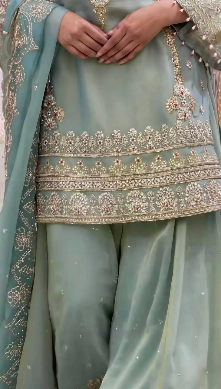 Sage Green Sequins Embroidered Sharara Suit close-up hem moti drops – Kalyanja KU305